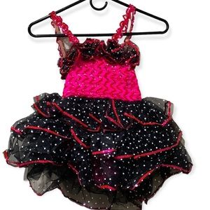 Girls one piece hot pink and black w/ polka dots sequined tutu with skirt